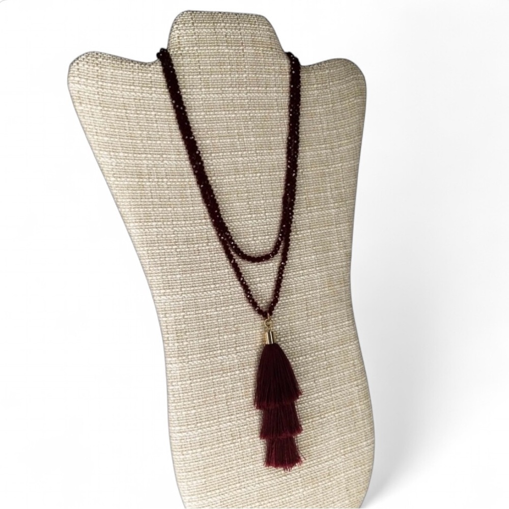 Vintage Garnet Red Sparkly Faceted Crystal Stacked Tassel Necklace – 36" Long - Picture 4 of 15